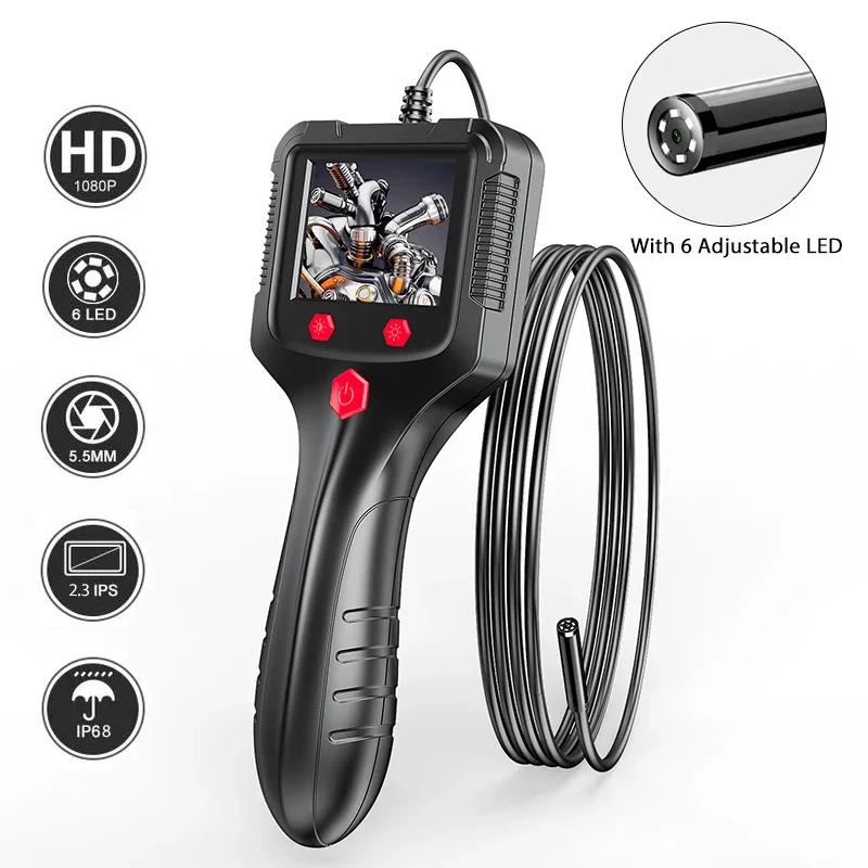 Waterproof Industrial Endoscope Camera 2.4 Inch IPS Screen HD 1080P LED Light 30M Sewer Inspection Borescope Detector Borescope