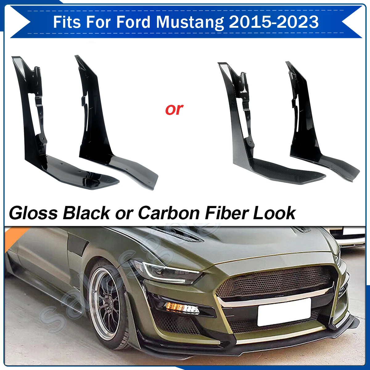Image of 2x Eckflügel für Ford Mustang Coupe Convertible 2015-2018 Carbon-Optik oder glänzend schwarze vordere untere Stoßstangenlippe aus ABS