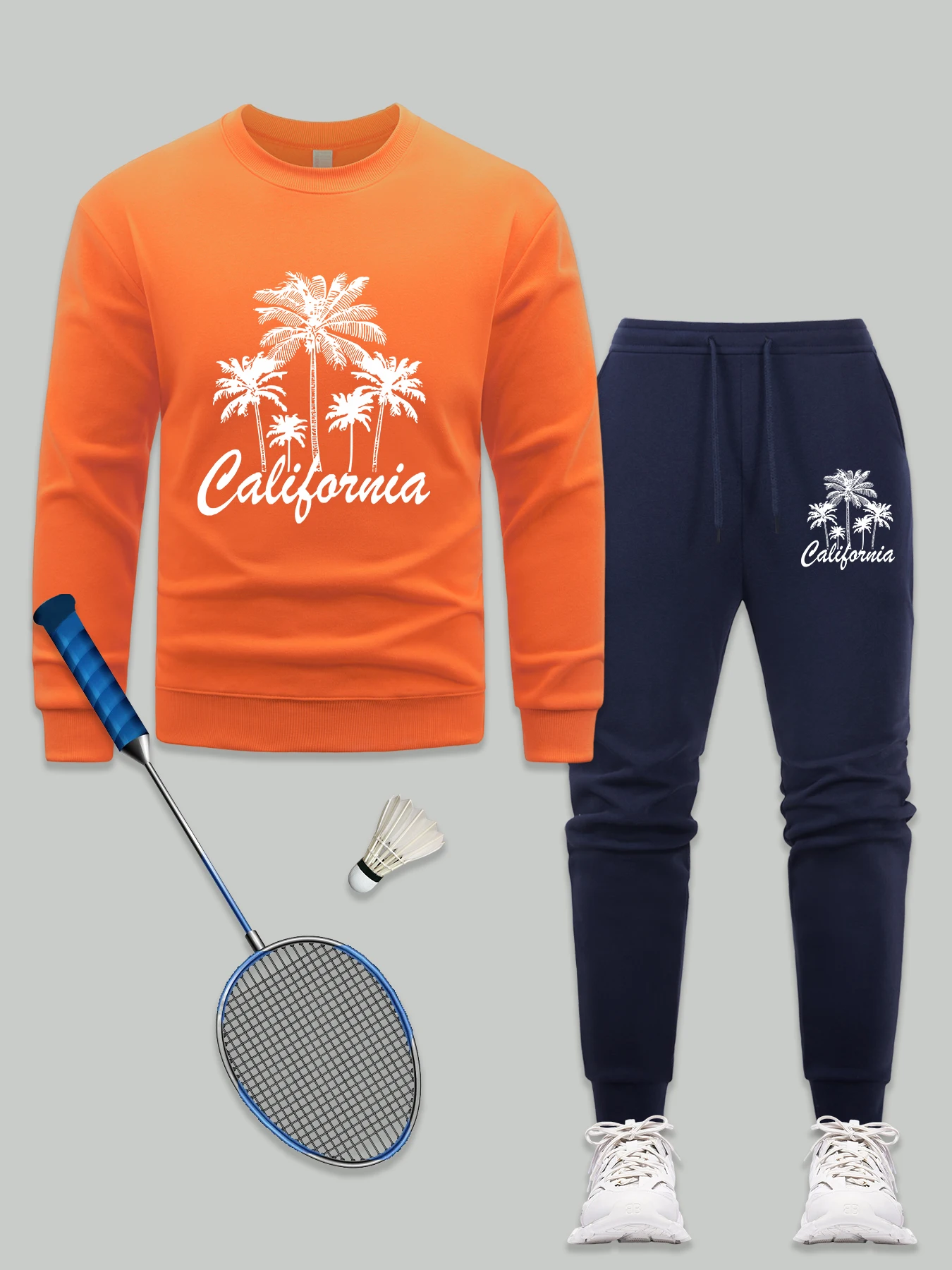 Set Kaus Pria Gambar Pohon Kelapa Di California Kerah O Kasual Pullover Dasar Musim Gugur Lengan Panjang Uniseks Pakaian Bulu Hangat