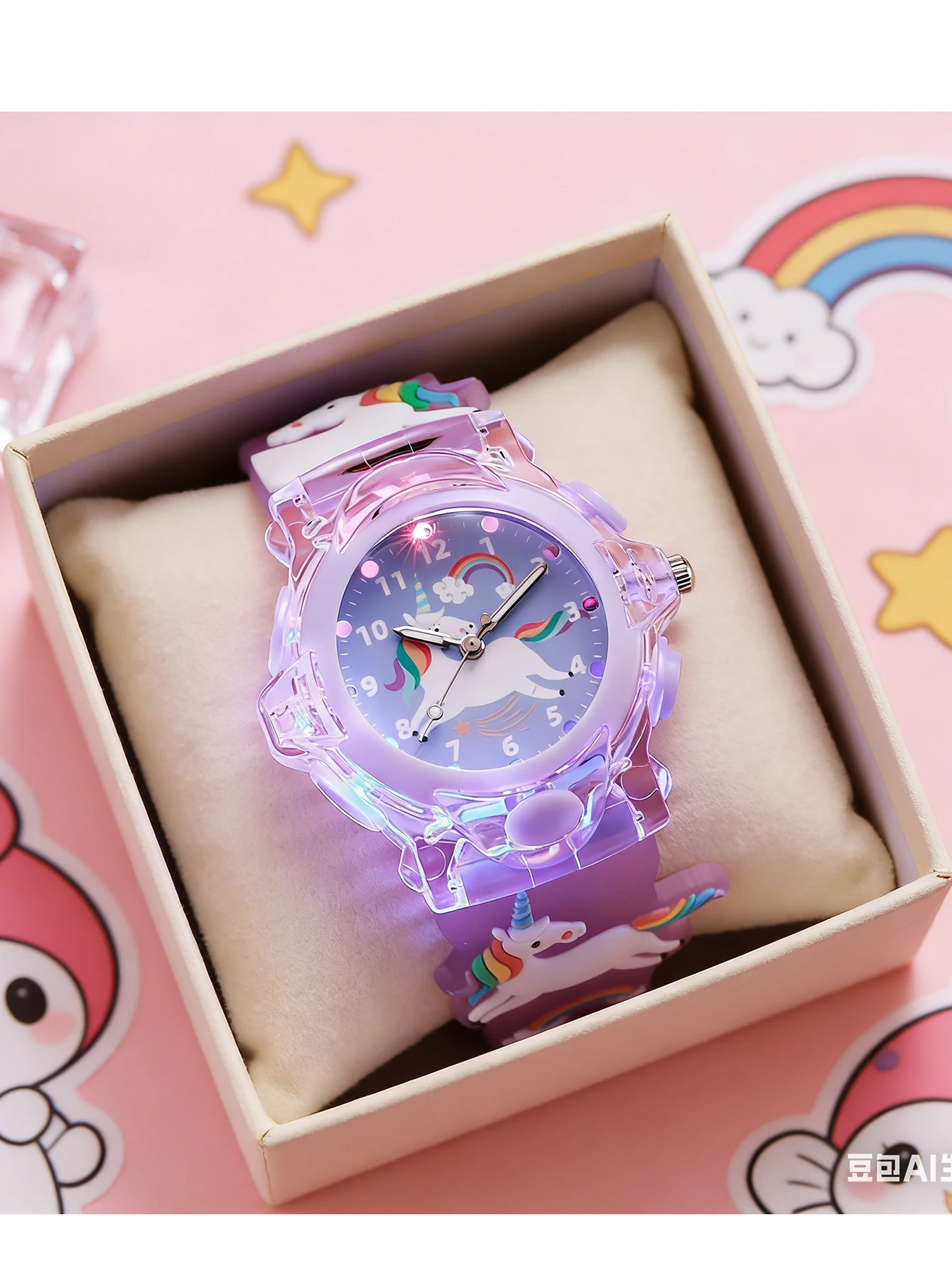Cute 3D Unicorn Kids Analog Watch with LED Light, Purple Silicone Strap Wristwatch, Educational Time Teacher for Girls, Perfect