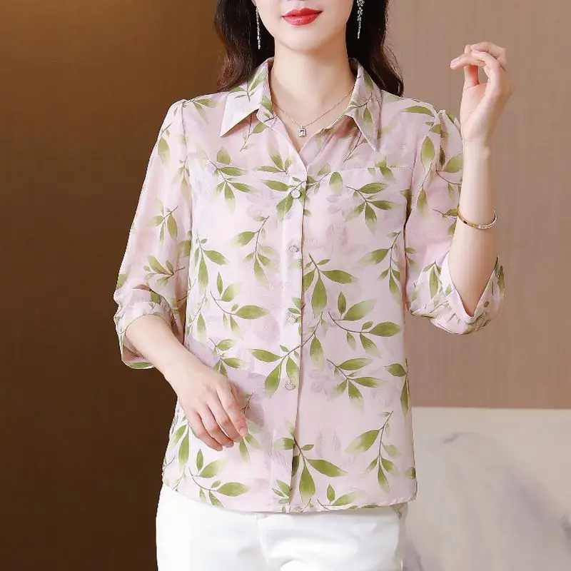 2024 New Summer Office Lady Loose Casual Retro Chinese Style Women's Shirt Button Print Chiffon V Neck 3/4 Sleeve Y2K Chic Tops