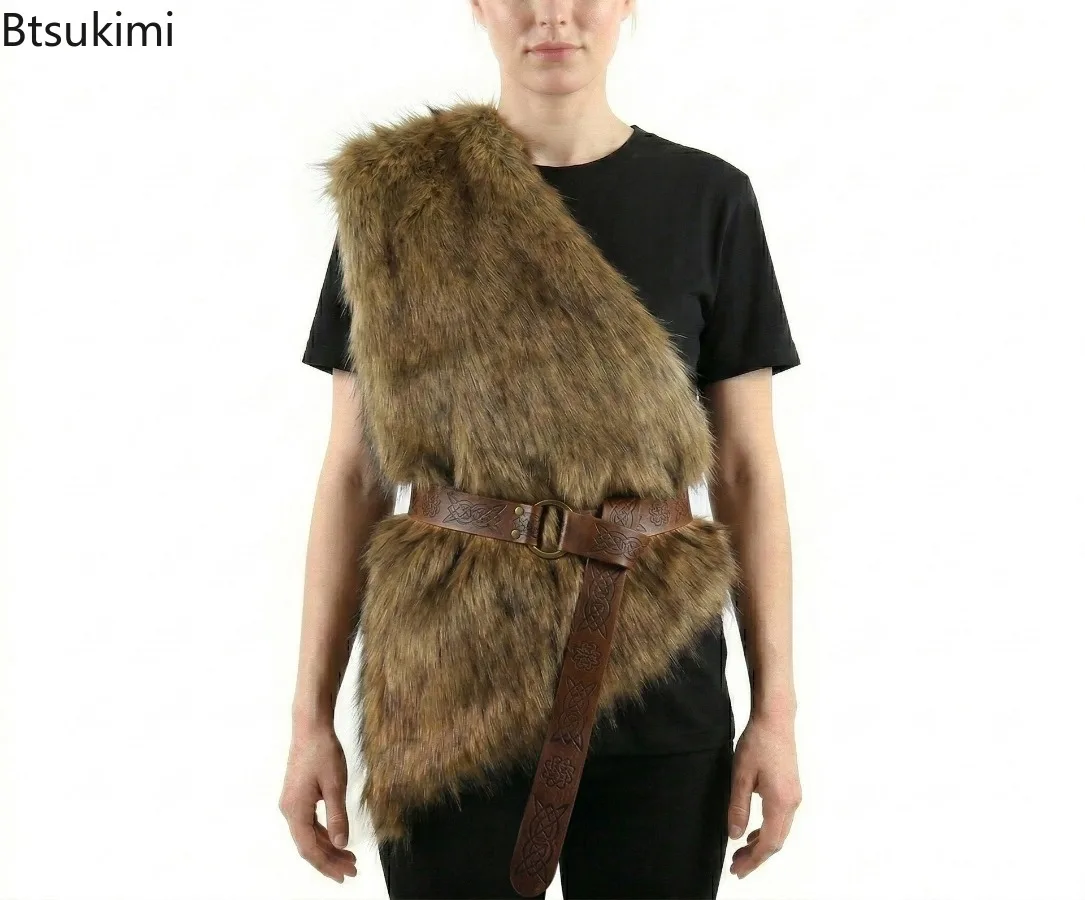 Medieval Faux Fur Clothing Vest with Belt Viking Warrior Retro Tribal Style Live Action Costume Halloween Role-playing Costume