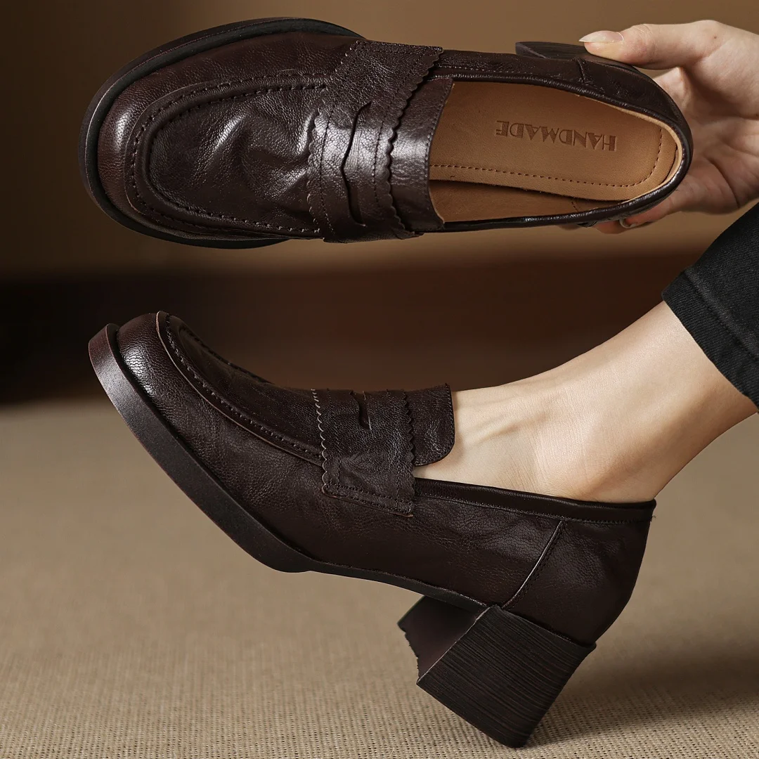 

danxuefei women's sheepskin round toe slip-on loafers high quality 5.5cm thick med heel platform casual female soft moccasins 40