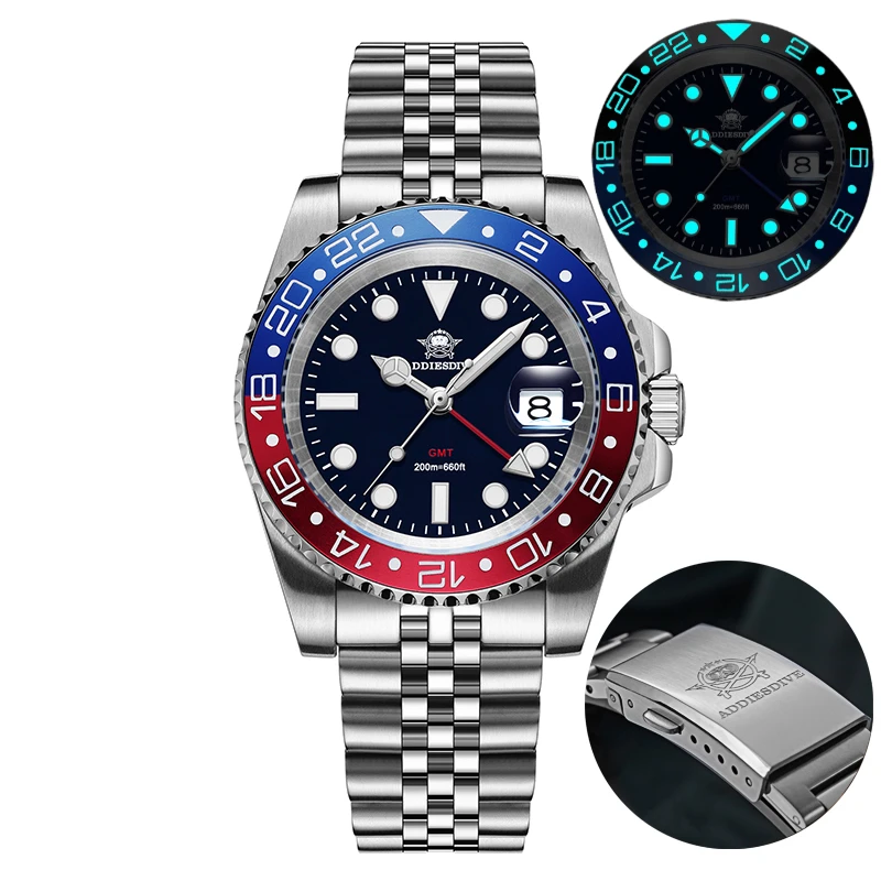 ADDIESDIVE Men GMT Watch Swiss Ronda 515-24 200M Waterproof BGW9 Super Luminous 316L Stainless Steel Quartz Watch Reloj Hombre image 3