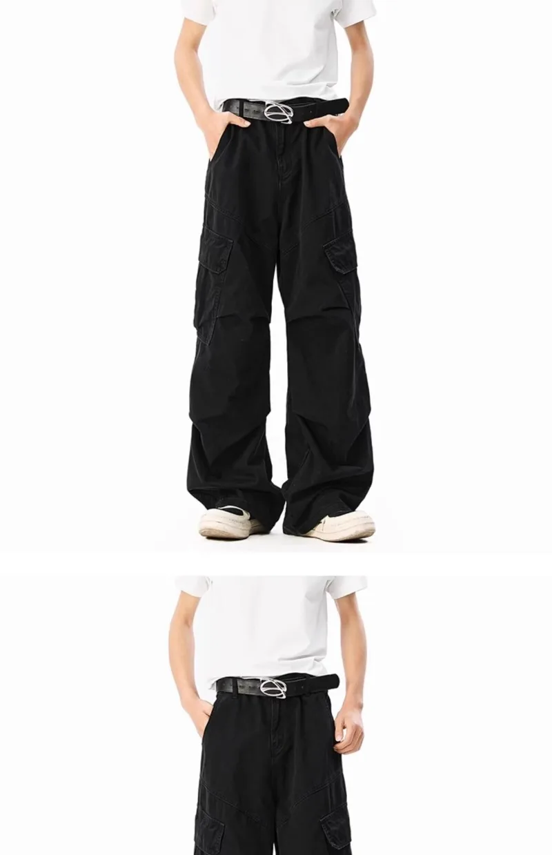 Unisex American Vintage Cargohose mit mehreren Taschen, gerüschte Hose mit weitem Bein, lockere Baggy-Hose im Y2K-Streetwear-Stil, lässige Hose für Paare – Detail 1