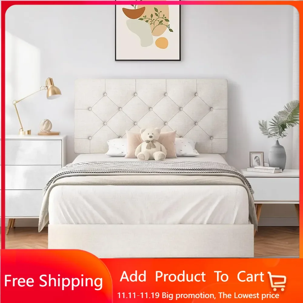 

Twin Size Bed Frame, Linen Fabric Upholstered Bed Frame with Headboard, Twin Bed Frame with Wood Slats, Button Tufted