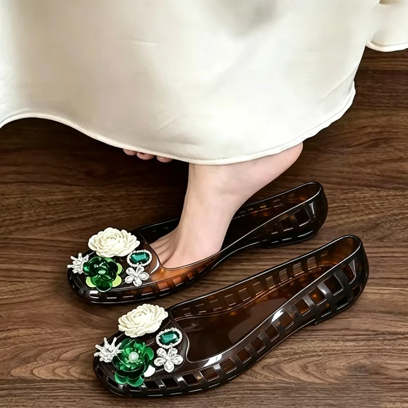 Luxury Big Rhinestone Flower Sequins Jelly Shoes Woman Summer Korean Crystal Transparent Clogs Women's Hollowed Out Flat Sandals view 4