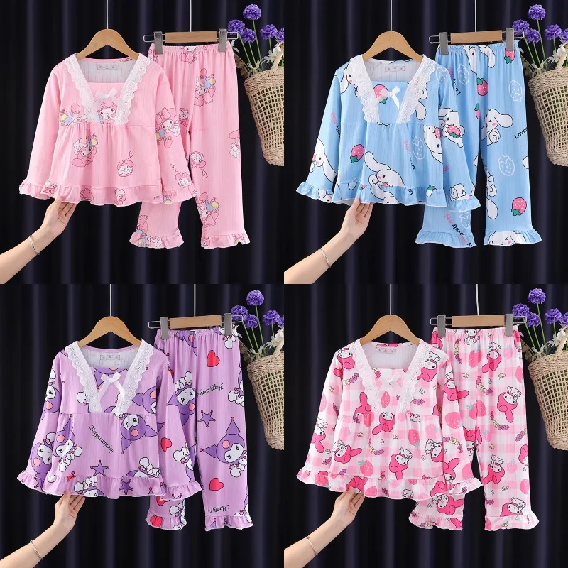 Cute Sanrio Cinnamoroll Pajamas Kuromi My Melody Children Casual Spring Home Long Sleeve Pajamas Set Kid Girls Nightwear Pants