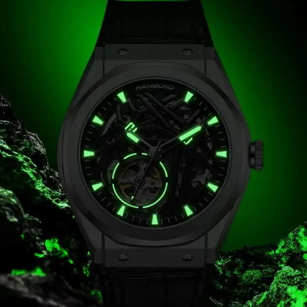 HANBORO Мужские автоматические часы 42 мм Механические наручные часы Водонепроницаемые светящиеся сапфировые часы 24 часа Дата Miyota 82S0 Полый циферблат