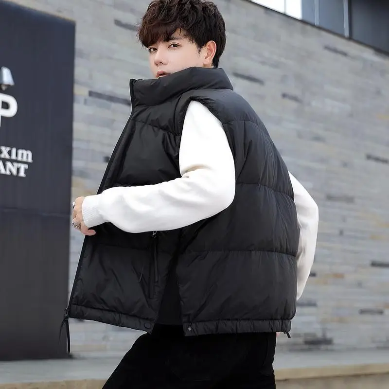 Hong Kong style trendy sleeveless down vest with zipper splicing design duck down American style warm and cold-proof jacket