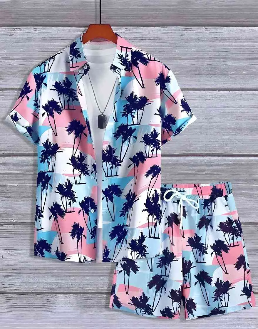 Men's Summer Palm Tree Tropical Plant Shirt Hawaiian Shirt 2-Piece Set Short Sleeve Shorts Lapel Tropical Fashion Casual Holiday