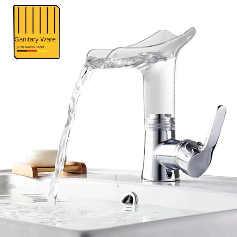 Waterfall Basin Faucet Transparent Bathroom Tap Brass Sink Mixer Cold Hot Water Deck Mounted Single Hole Tap Stylish