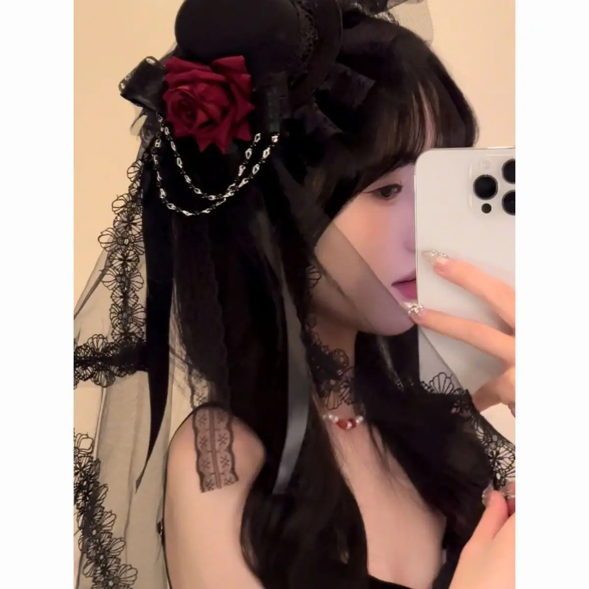 

Dark Gothic Lolita Rose Mini Hat Fascinator, Halloween Cosplay Photo Prop & Bride Headpiece