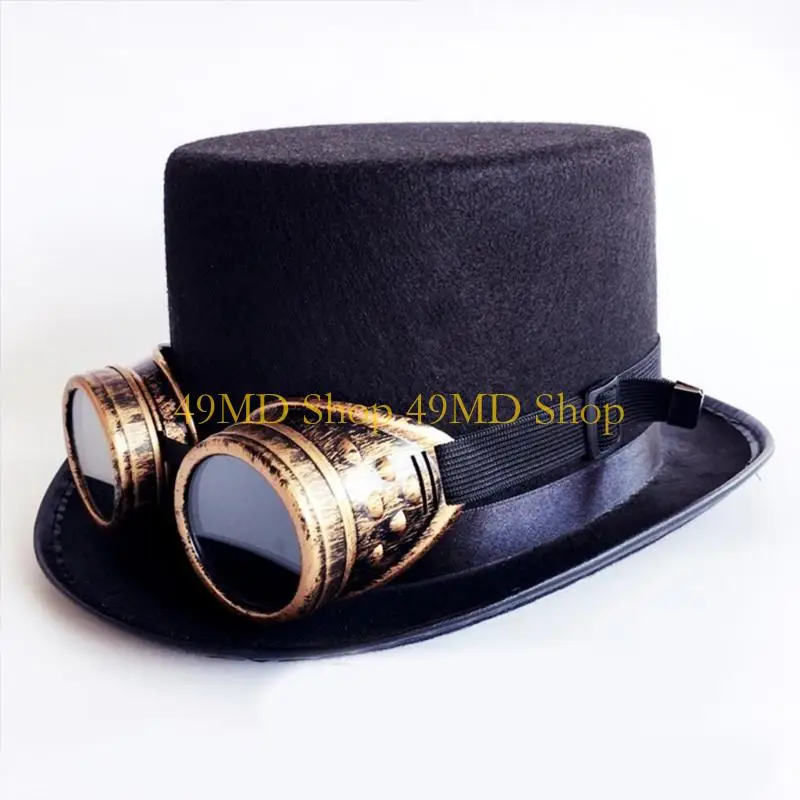 49MD Vintage Black Steampunk Top Hat with Straps Removable Goggles Halloween Accss