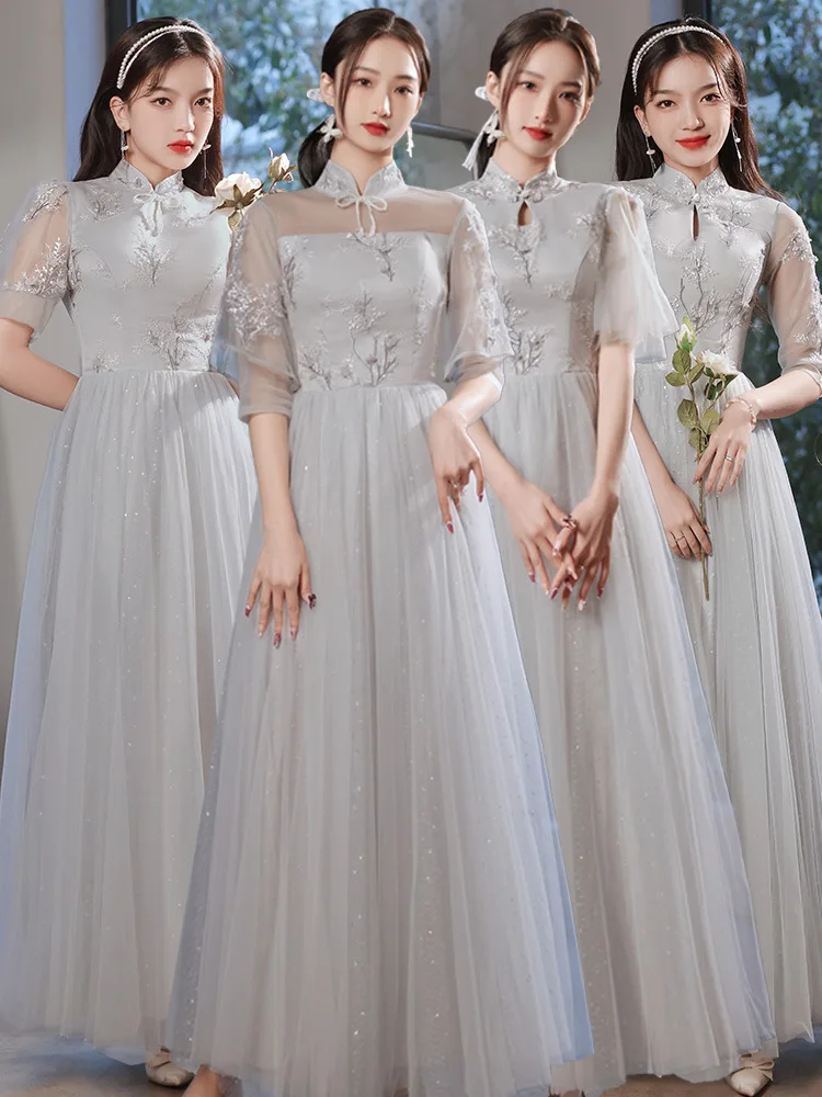 

4 Styles Grey Bridesmaid Dresses Women's Appliqued Classical Tulle Lace Up Standing Collar Bow Design Wedding Guest Party Dress