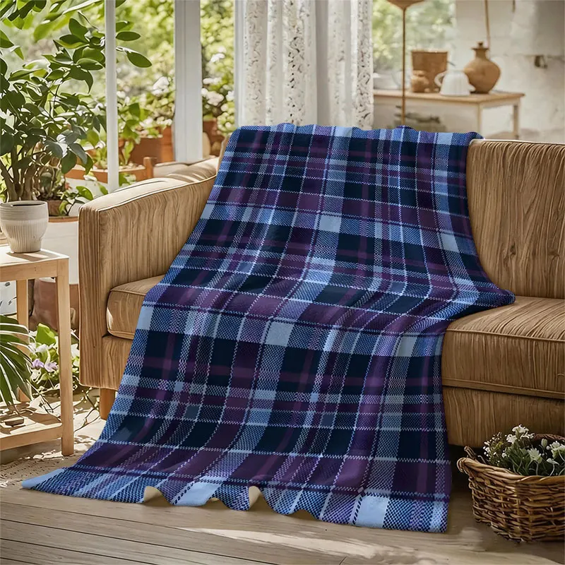 Purple Blue Plaid Texture Flannel Blanket Perfect for Sofa Office Bed Travel Sleep Read Relax Camping Four Season Use