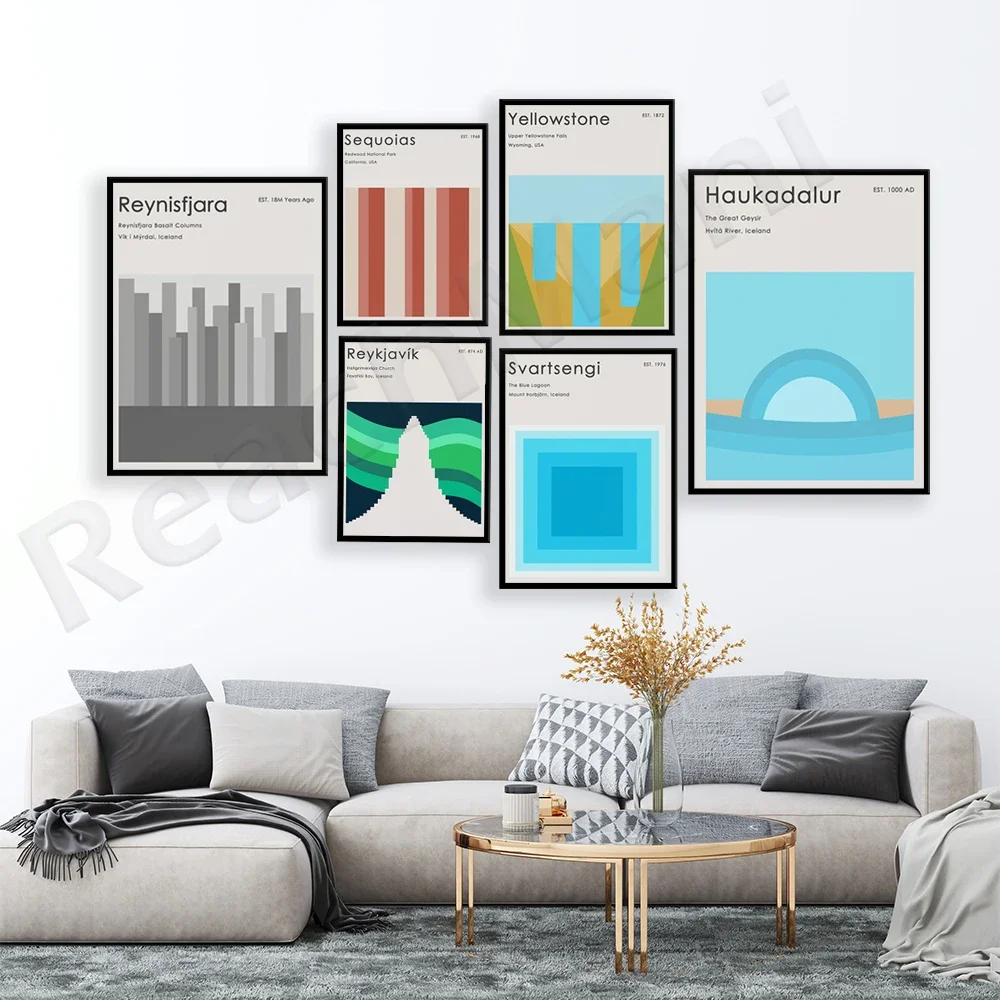 Reykjavik, Iceland, Yellowstone, Sequoia, Kruger Park, US National Parks travel poster, abstract minimalism wall art, travel