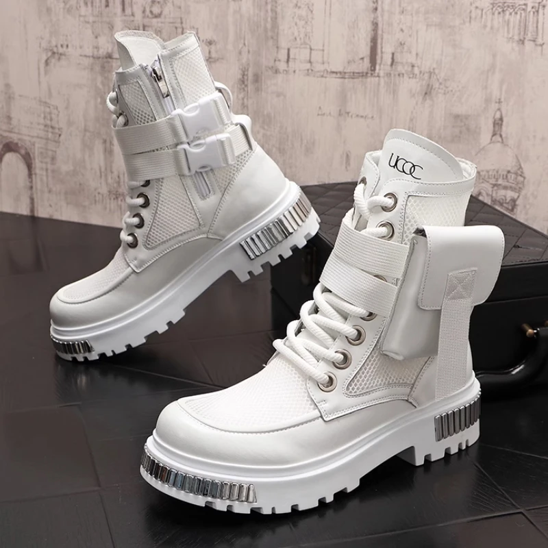 White Men's Thin High-top Shoes New Mid-tube Motorcycle Boots Men's Summer Hollow Out Ankle Boots D2A20