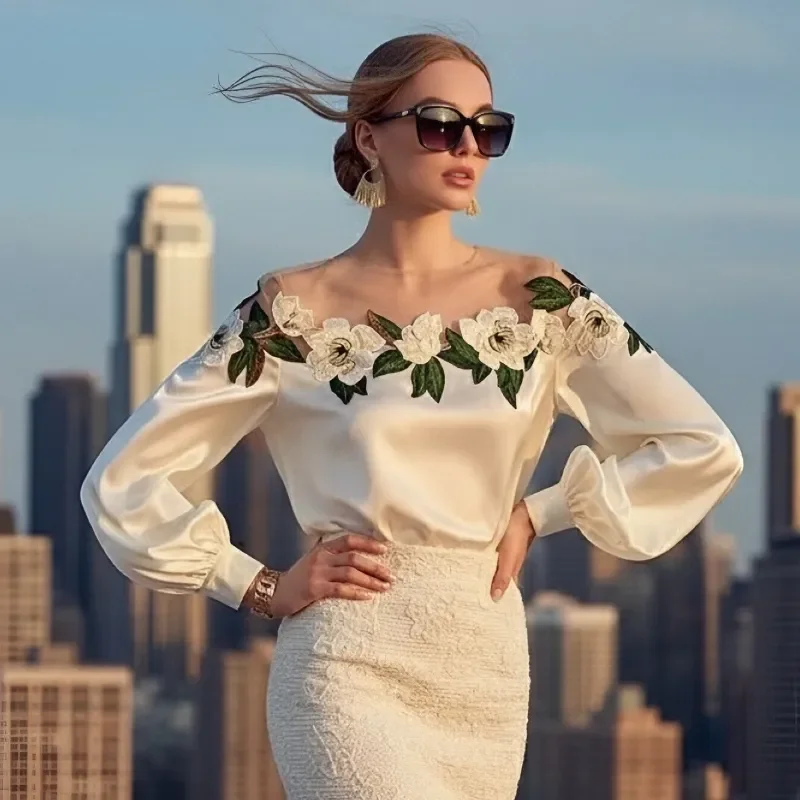 Camicia con maniche a lanterna da donna con giunture a rete con fiori ricamati alla moda Camicia con cappuccio da donna monocromatica elegante primavera e autunno Novità