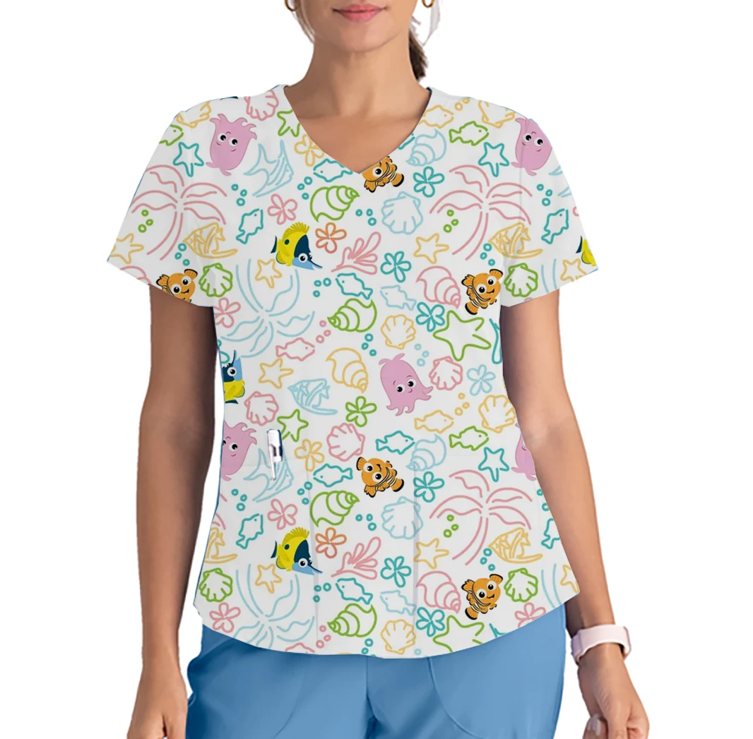 Women's Work Uniform Printed Christmas Series Disney Winnie the Pooh V-neck Pocket Scrub Top Dental Beauty Salon Nursing Clothes