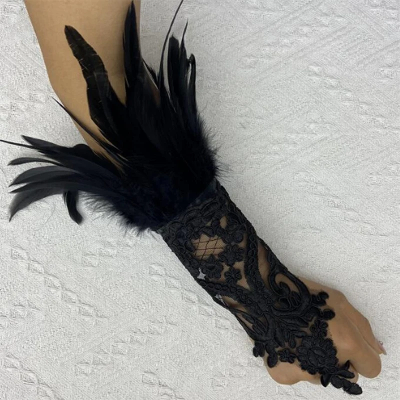 Feather Cuff Bracelet Gloves Vintage Lace Y2k Gothic Style Wristband For Performance Halloween Cosplay Party Costume Accessories