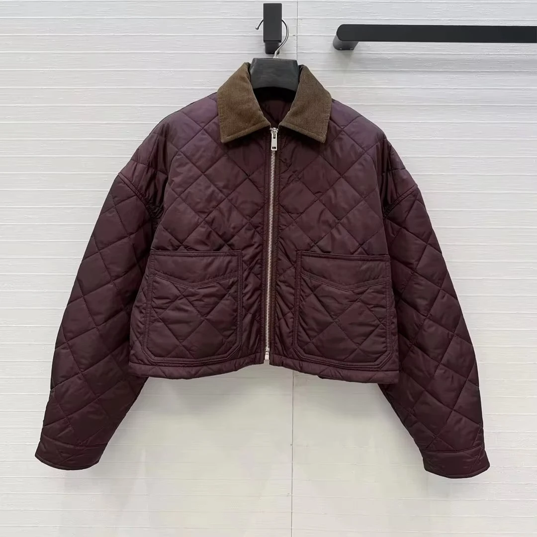 2026 New Fall Winter Argyle Quilted Cotton Liner Short Design Loose Jacket Women Corduroy Lapel Spliced Long Sleeve Casual Coat