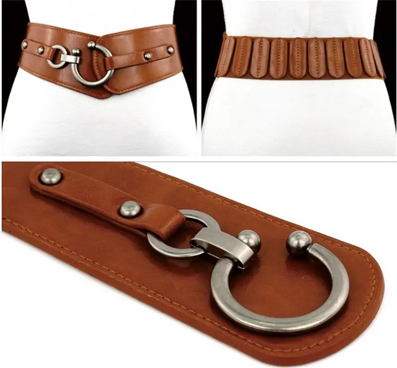 New Fashion Elastic Wide Belt Strap Vintage Women Faux Leather Buckle Elastic Wide Belt Strap Solid Color Waistband