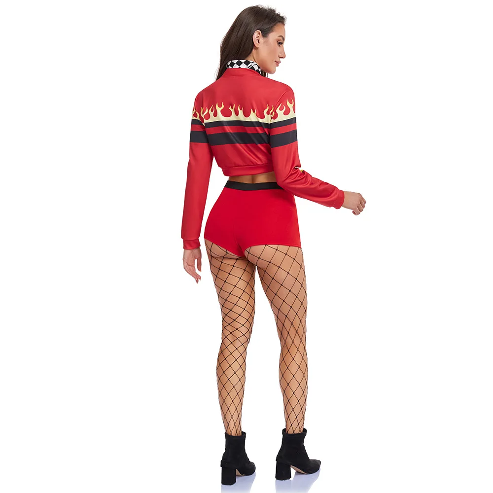 2026 Women's Sexy Race Car Driver Costume Red Lightning Print Crop Top Bra Shorts with Jacket Halloween Cosplay Party Clubwear - view 3