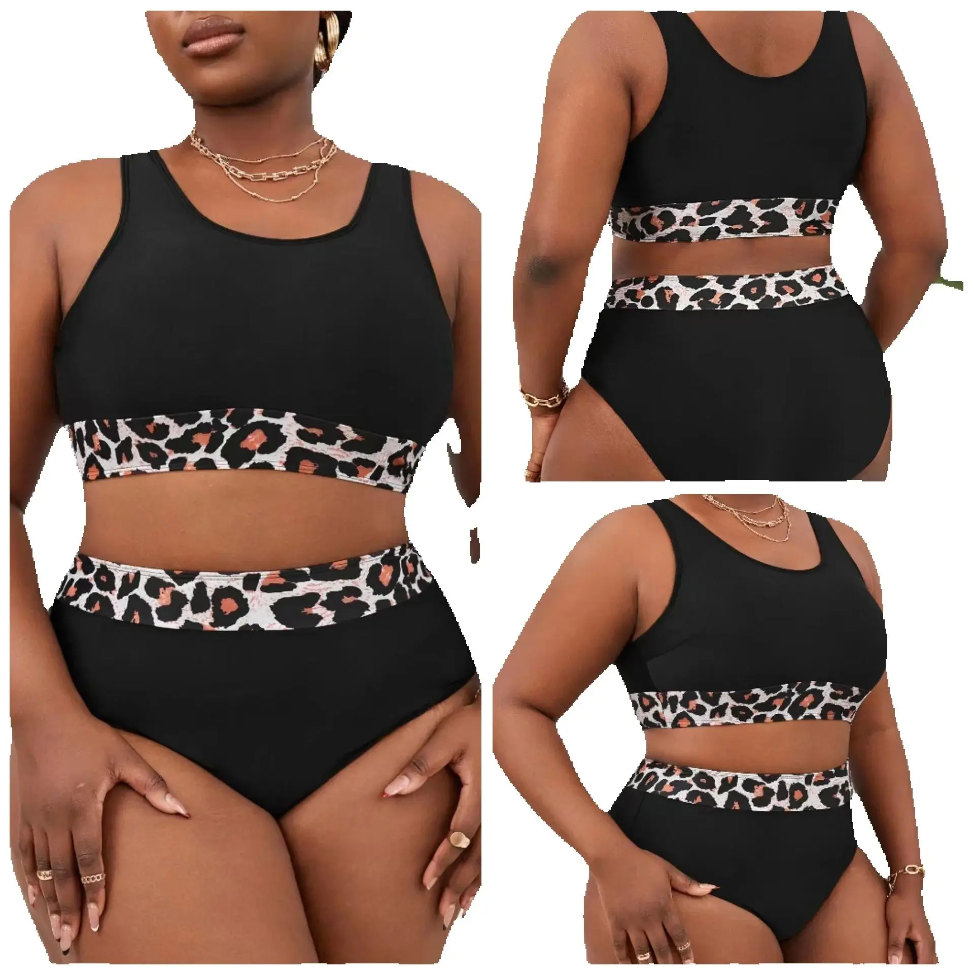 2026 Plus Size 4XL Leopard Print Bikini Set Black Two-Piece High Waisted Swimsuit for Women Tummy Control Bathing Suit Swimsuit