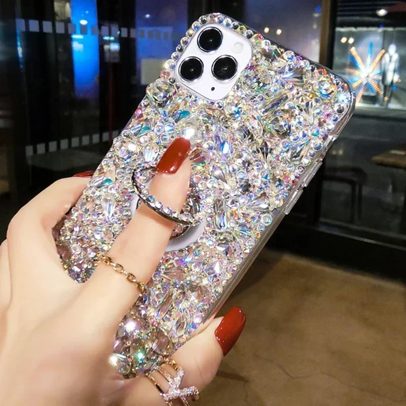 Luxury 3D Rhinestone Diamond Case For iPhone16 14 15 13 12 11 16Pro Max 12mini 16Plus Max Colored Bump Stand Back Cover