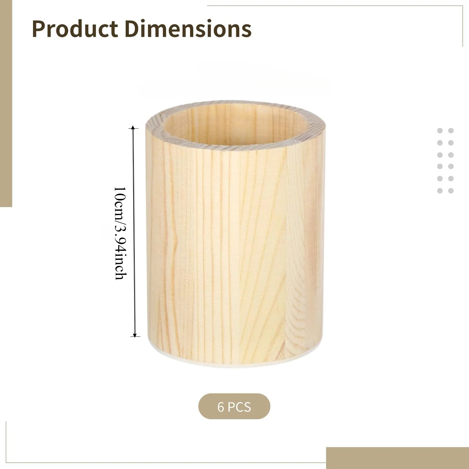 6PCS Round Wooden Pen Holders, Unfinished Natural Wood Desk Pencil Holder Stand, Multipurpose Cylindrical Wood Desk Organizer fo