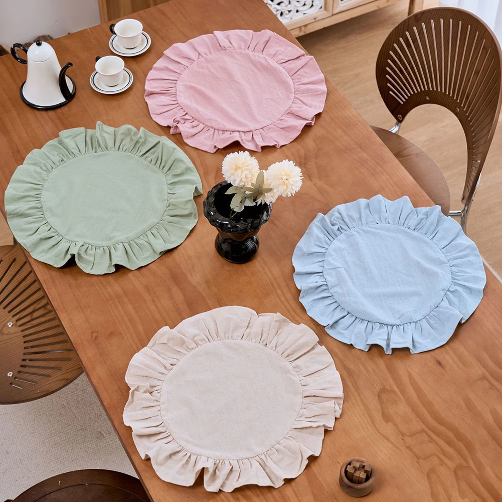 4 Pcs Scalloped Round Placemats 15 Inch Ruffled Edge Table Mats for Kitchen Dining Room Home Decor Polyester Cotton Blend