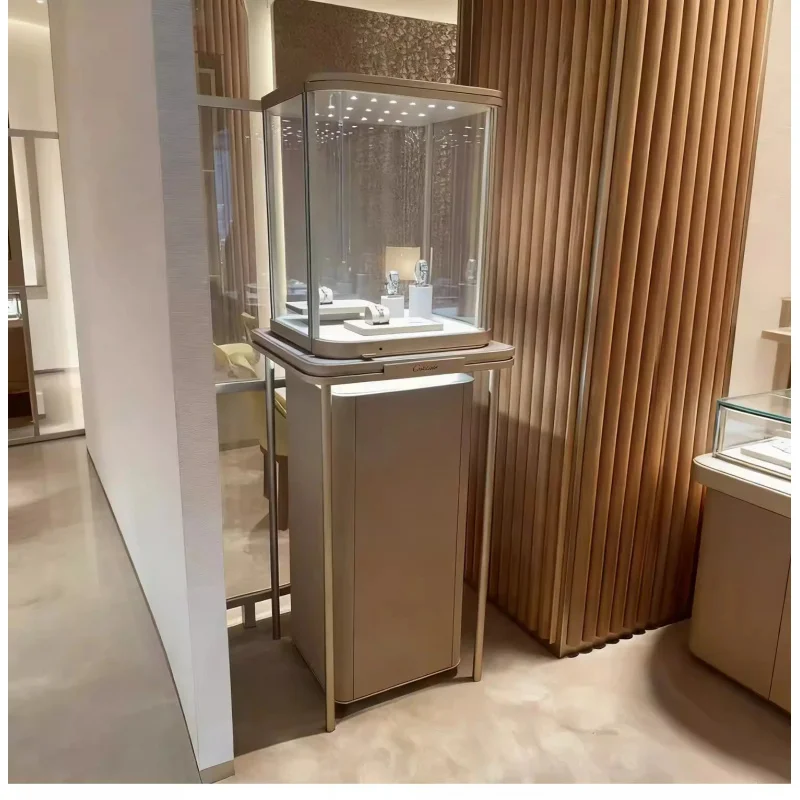 custom.Luxury Multi-Tiered Jewelry Display Stand LED Lighting Glass Back Cubical Design Durable Heavy Duty Customiz