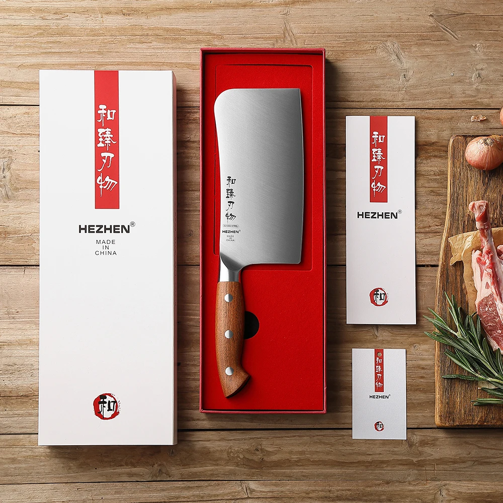 HEZHEN 6.9 Inches Bone Chopper Knife 1.4116 steel Red Wood Handle Cook Tools Chopping Kitchen Knife Accessories Box