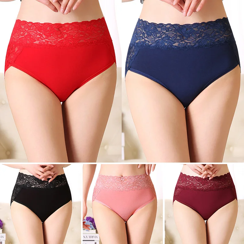 Women Large Size Panties High-Rise Sexy Lace Briefs Soft Breathable Solid Color Female Underpants Lingerie Underwear M-3XL