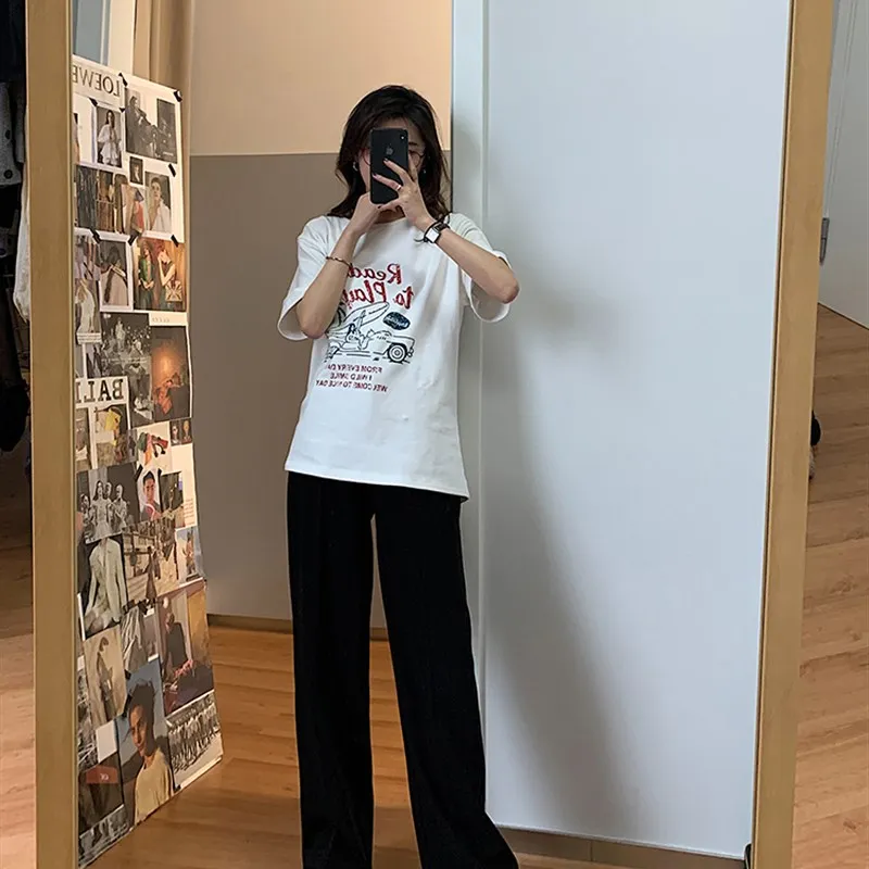 

Женские повседневные брюки больших размеров с высокой талией и драпировкой, свободные прямые брюки, универсальная смесь хлопка и шерсти для грушевого тела