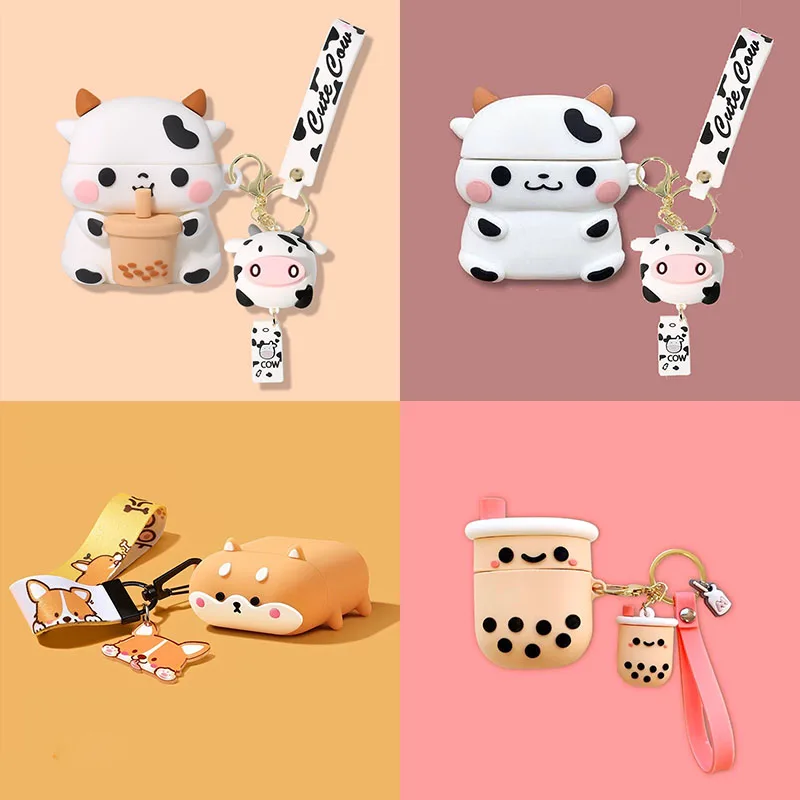 For apple Airpods 3rd gen Case Earphone Cover Silicone Cute 3D Cartoon Headset Box for AirPods 2 Pro With Milk Tea Cow Keychain