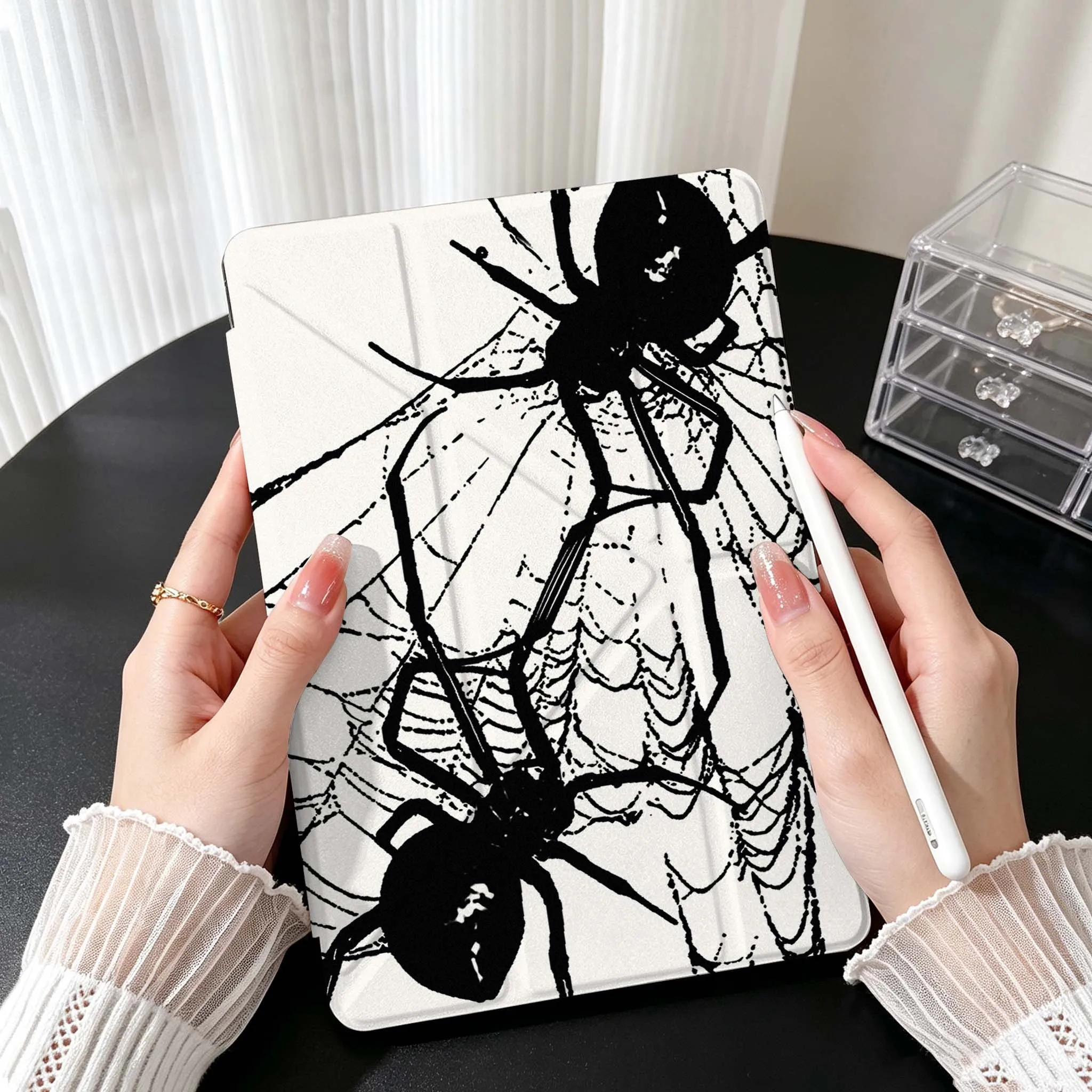 Black Spider Web Art For Samsung Galaxy Tab A9 A8 A11 S6 S7 S8 S9 S10 FE Plus Lite Transparent Y-Shaped Folding Tablet Case