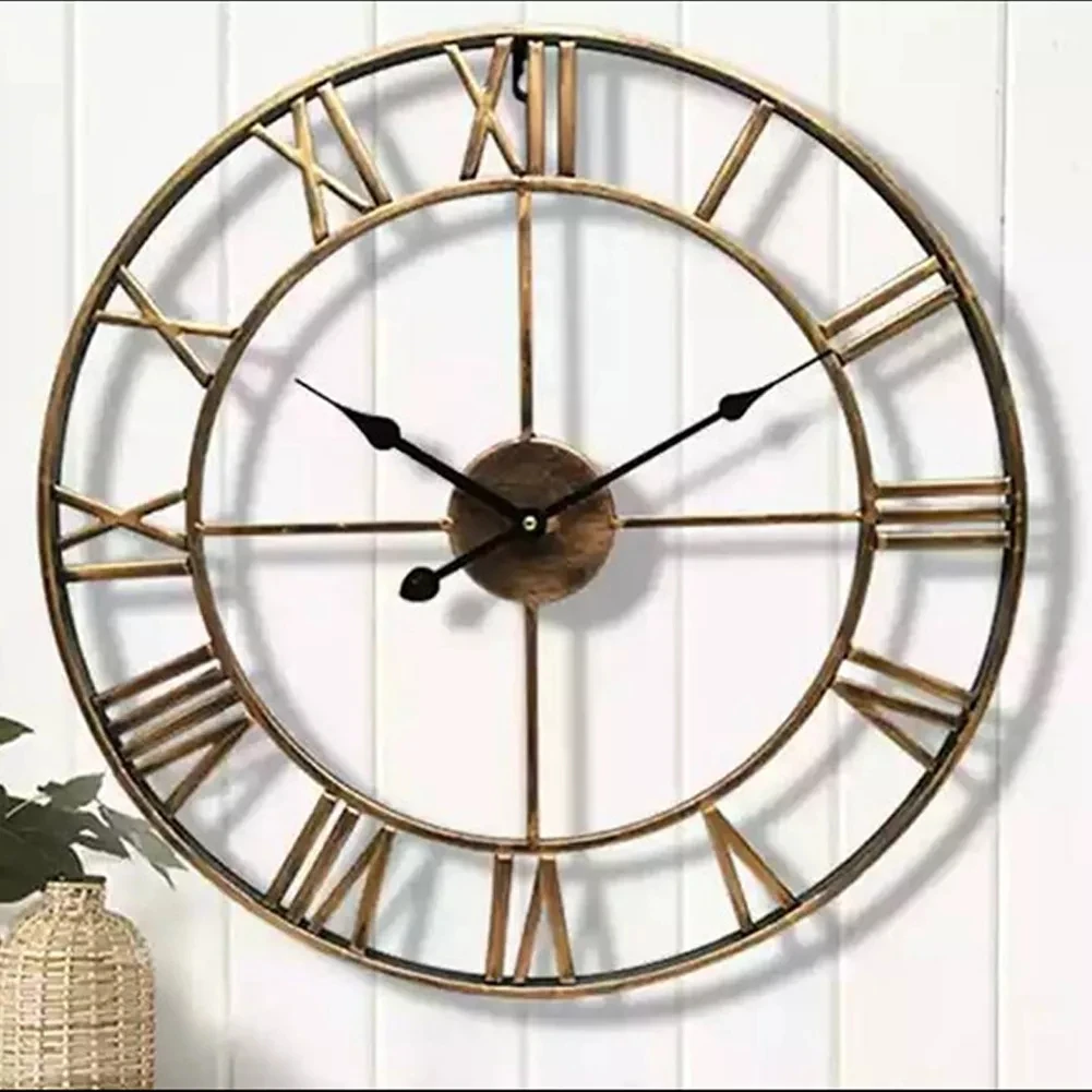 Modern 3D Large Wall Clock 40cm with Roman Numerals Retro Silent round Metal Iron for Nordic Living Room Decor