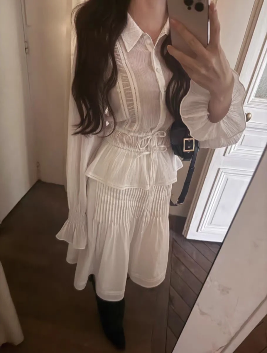 

Korean Sle Long Sve irt Waist Cinched f Skirt Set Ele Ladylike Collared Bowtie Pleated Young Women's Faion