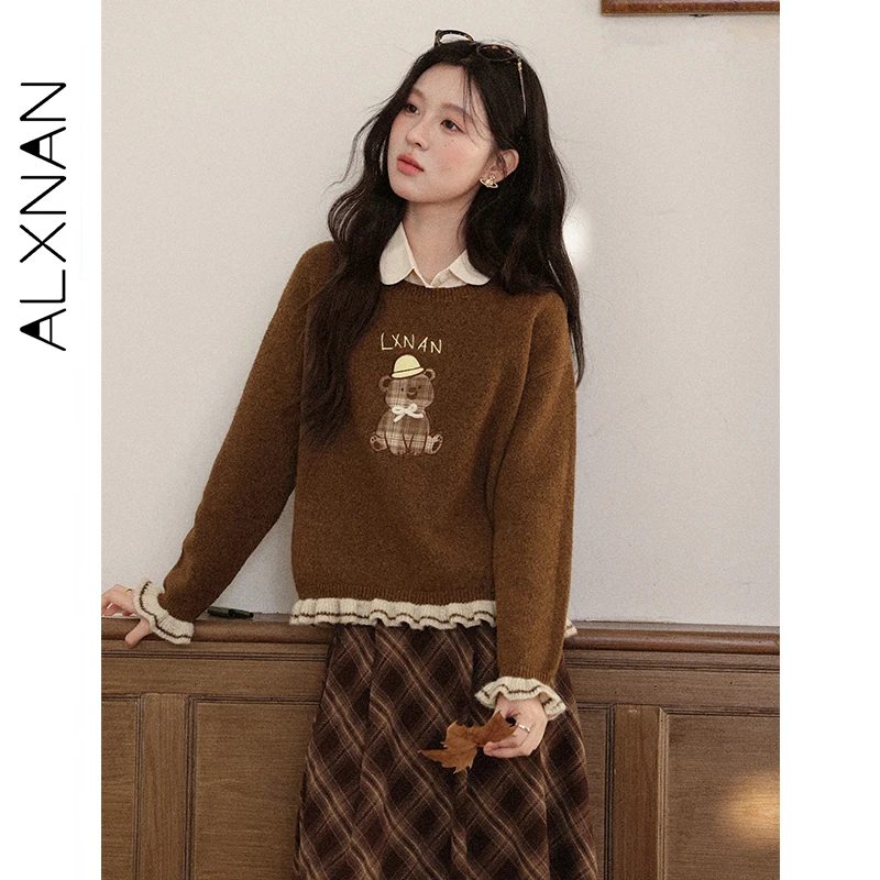 

ALXNAN Brown Sweater Women Round Neck Patchwork Contrasting Color Sweater Teddy Bear Cartoon Pattern Long Sleeved Tops L57871