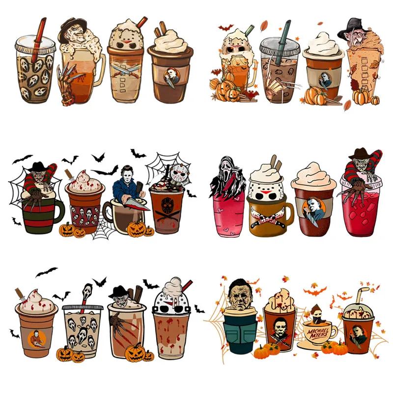 Killer Fall Coffee Halloween Patches for Cloths Heat Transfer Thermal Stickers DIY T shirt Iron on for Women Appliqued #1