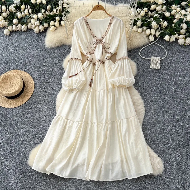 

OCEANLOVE Bohemian Long Dresses Embroidered Puff Sleeve V Neck Vestidos Mujer Spring Autumn Vintage Tassels Women Dress