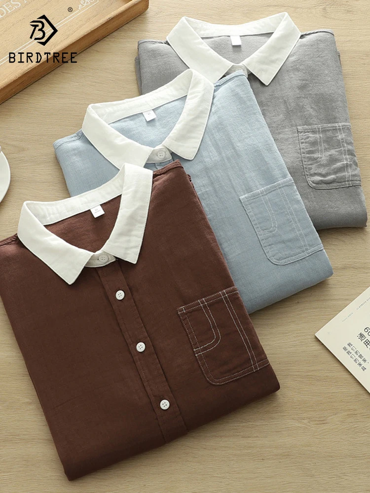 

New 2026 Spring Women Cotton Yarn Long Sleeve Shirt, Turn-down Collar Pathwork, Mori Girl OL Comfortable Loose Blouse T63457CC