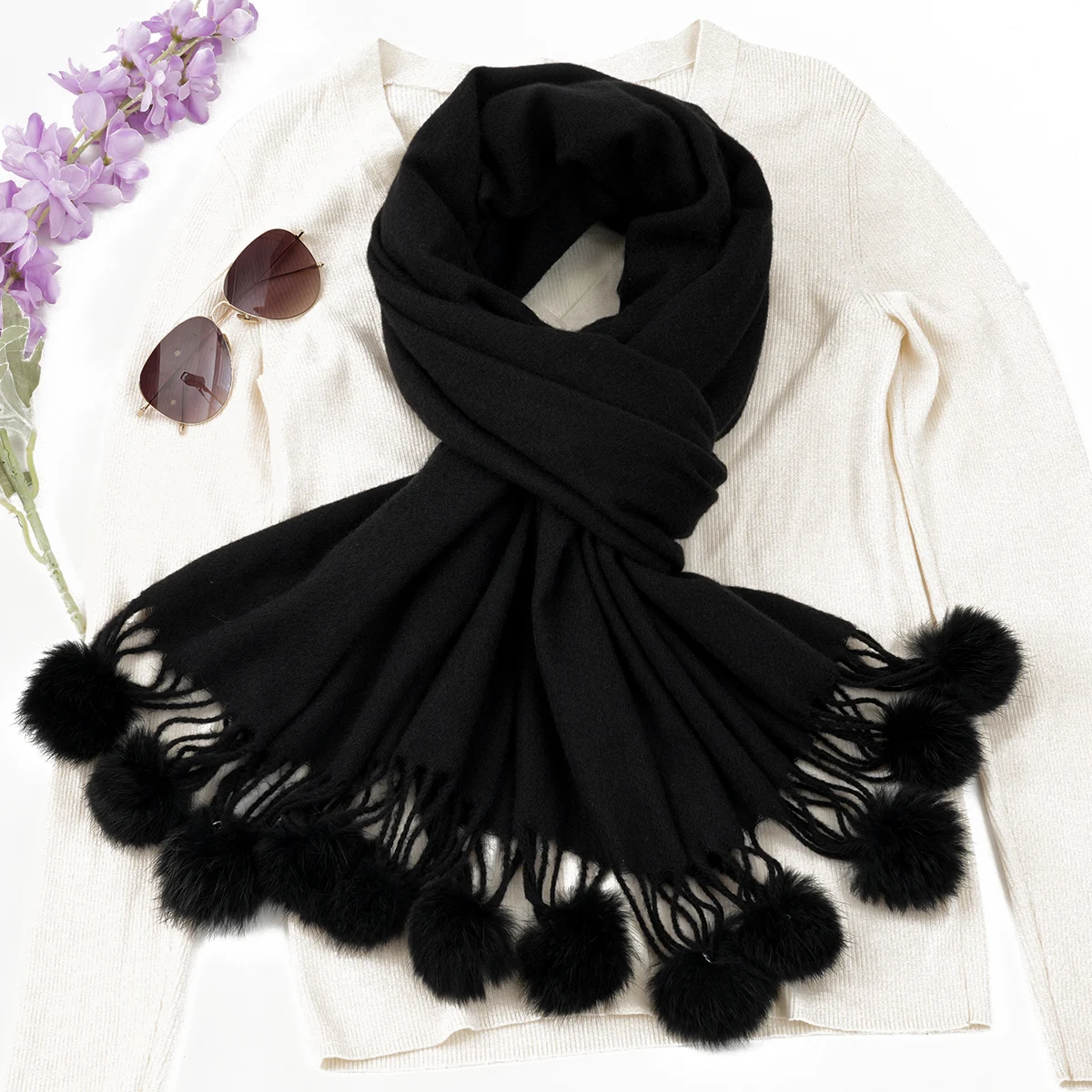 Hot new solid color imitation cashmere monochrome hanging hairball fashion scarf women all match warm scarf