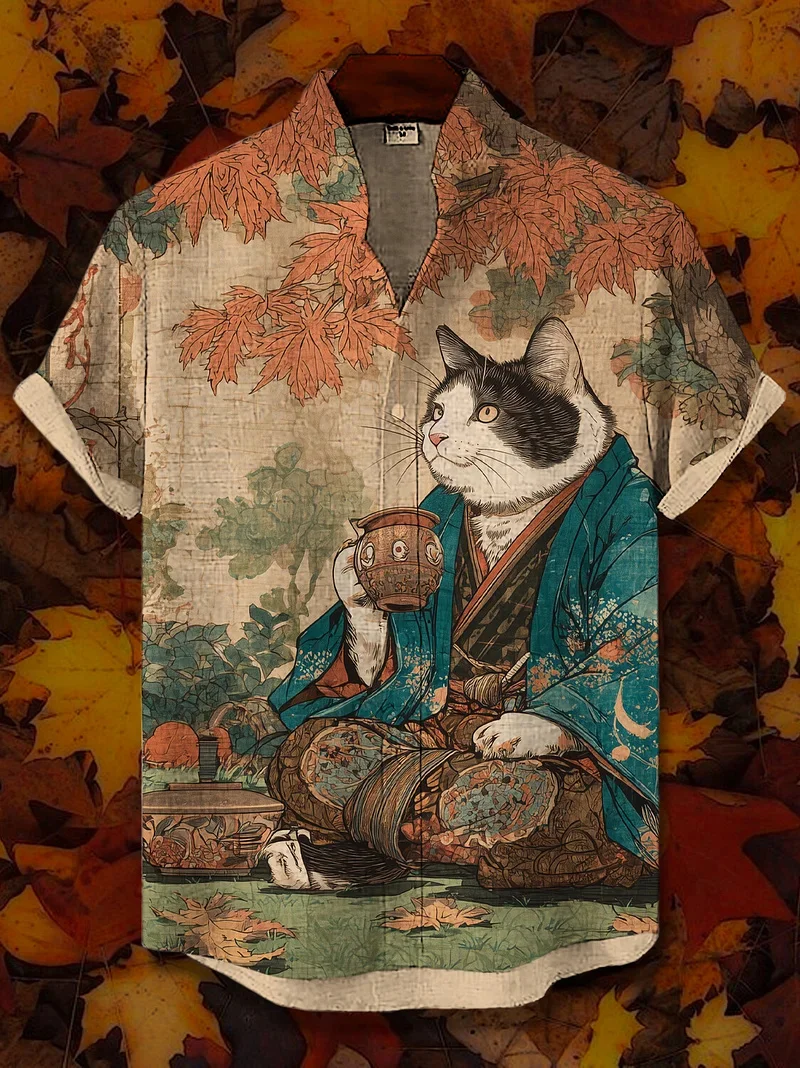 Men Lapel Short Sleeve Shirt Vintage Ukiyo-e Octopus Turtle Wave Print Linen Texture Loose Retro Beach Button Casual Tops