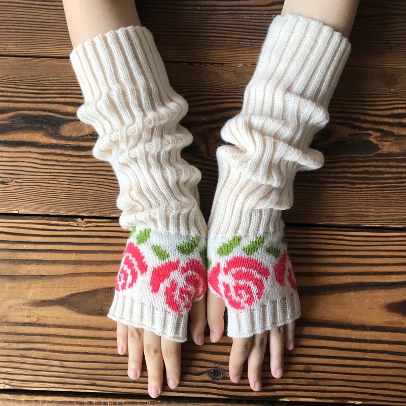 

Autumn and winter rose knitted half finger gloves spot jacquard arm warmer women's wool gloves