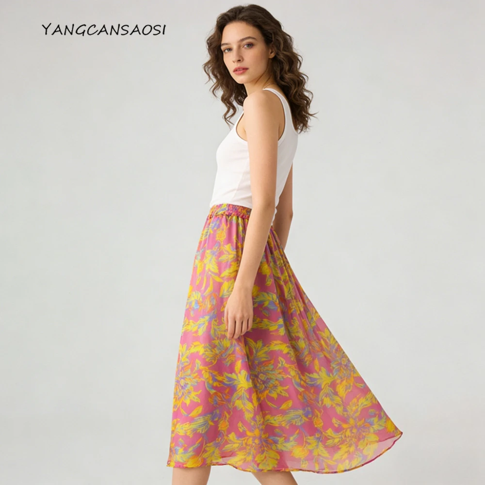 2026年女性用夏快適100%天然桑絹二重層ジョーゼットバケーションスタイル伸縮性ウエスト万能スカート