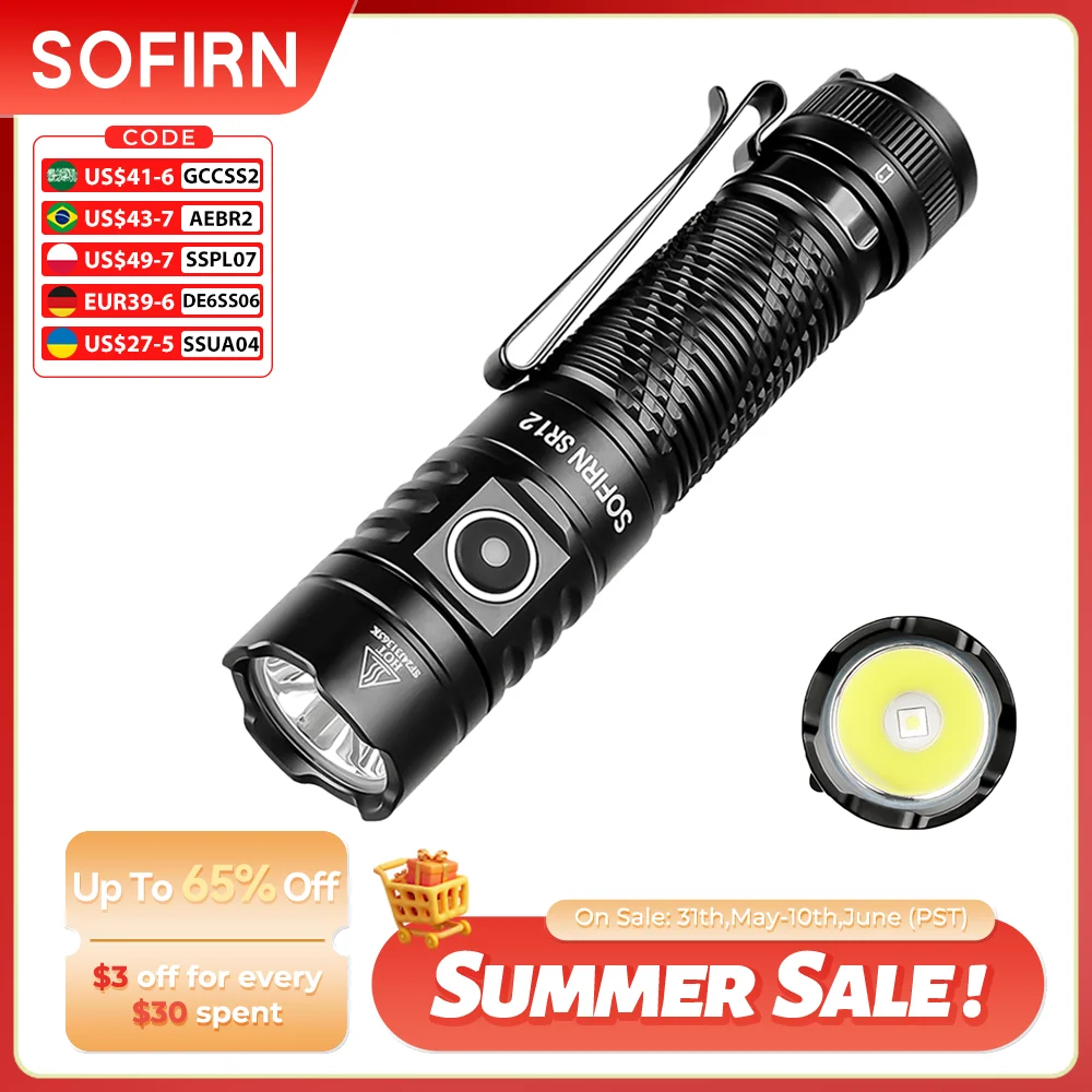 New Sofirn SR12 SFT25 LED 1450lm EDC Spot Flashlight 18650 USB C Rechargeable 6000K Powerful Light IP68 Torch