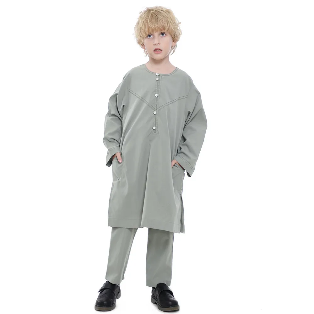 Muslim Abaya Dubai Boy Jubba Thobe For Children Robe Pants Kaftan Pakistan Prayer Suit 2 Pieces Sudi Arabia Middle East Ramadan